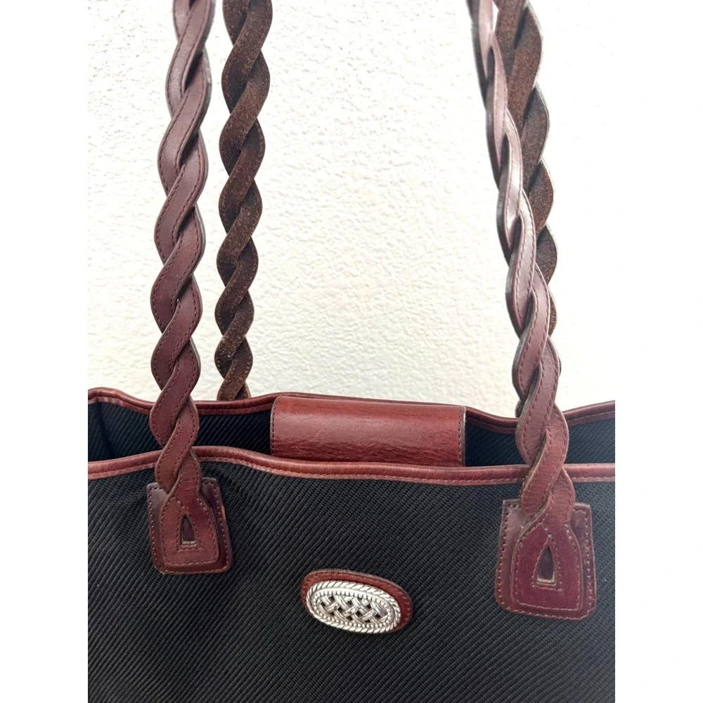Brighton Jani‎ Tote Woven Black Fabric Brown Leather Trim Braided Handles Purse